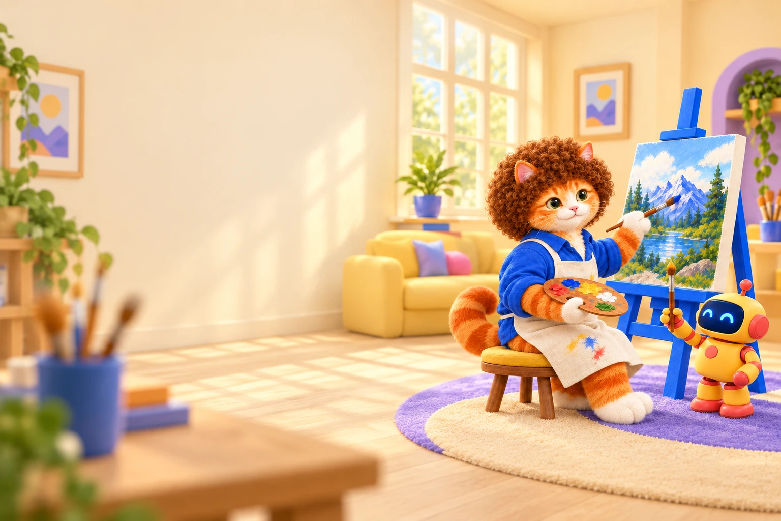 A curly-haired ginger cat paints at an easel while a small robot offers a brush.