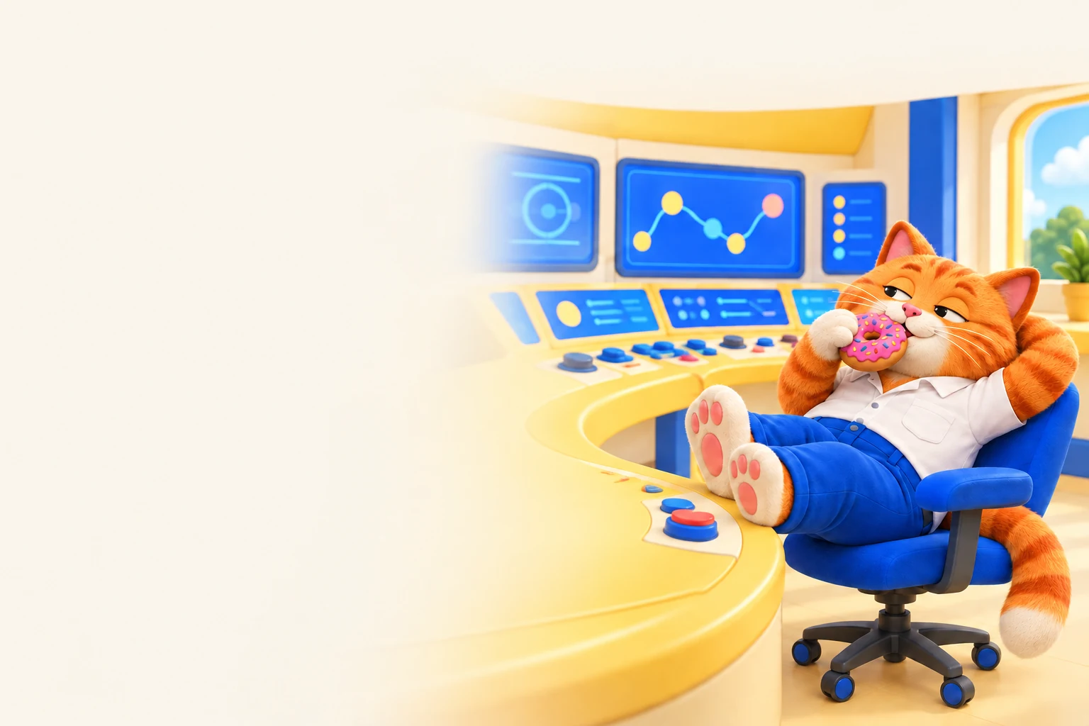 A ginger cat with a pink doughnut relaxes with its paws on an automated control panel.