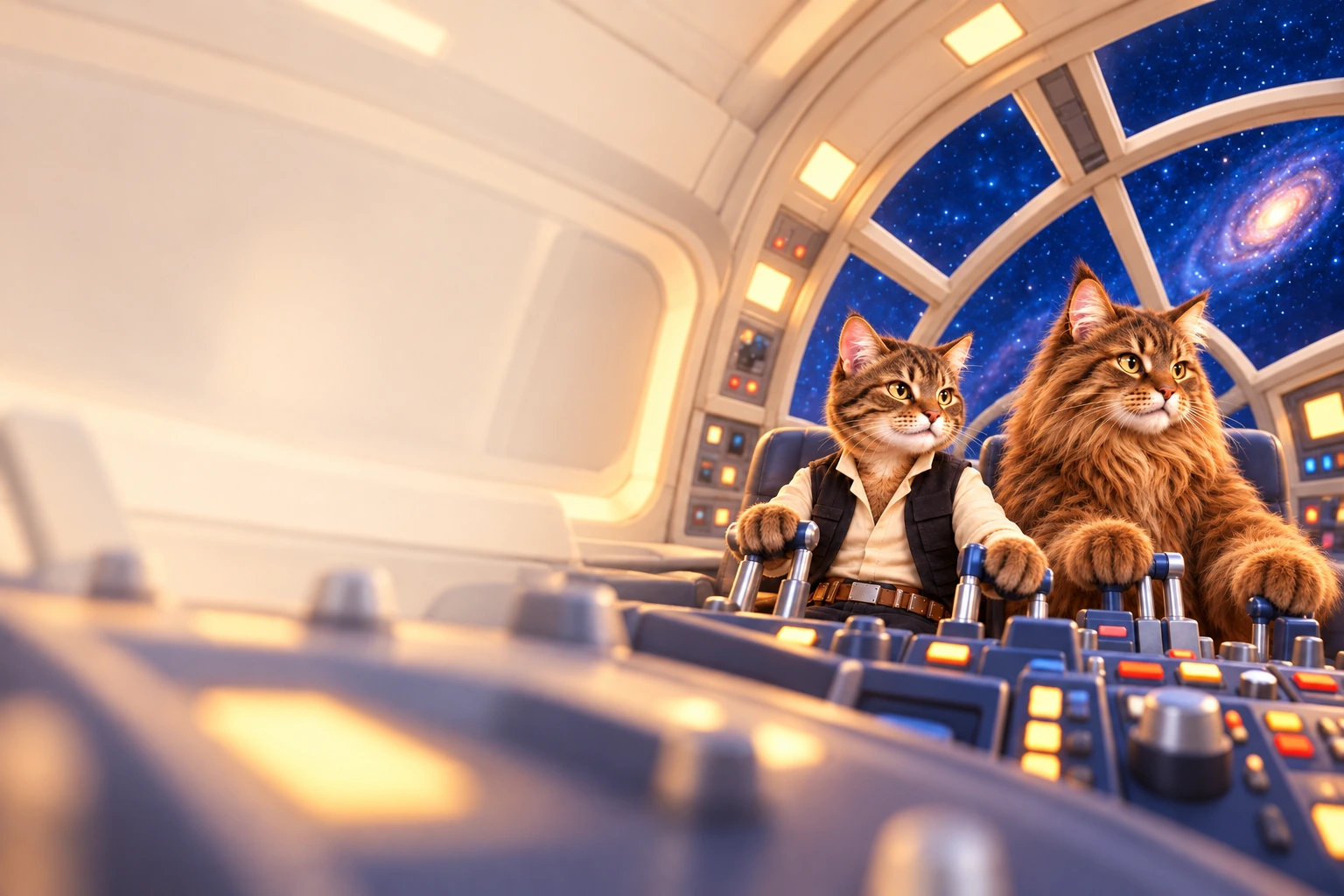 A cat as Han Solo in a black vest and a large shaggy cat as Chewbacca pilot the Millennium Falcon together.