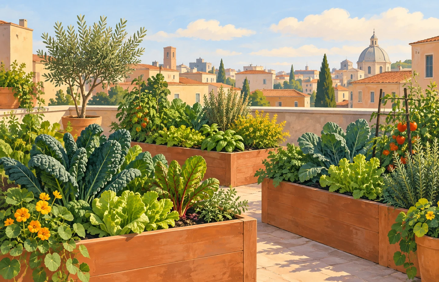A rooftop garden above the city