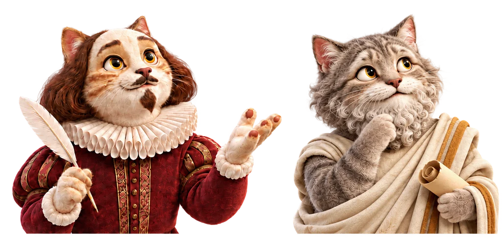A Shakespeare-inspired cat with a quill and an ancient philosopher cat holding a scroll.