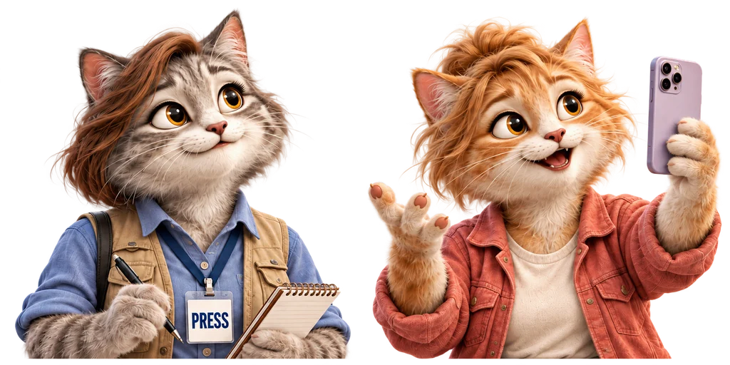 A journalist cat with a PRESS badge and a creator cat filming on her phone.